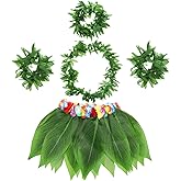 WILLBOND 5 Pcs Hawaiian Leaf Skirt Leis Set Include Hula Grass Skirt Tropical Headband Garland Leaf Wristlet Hawaiian Costume for Adult Women Tropical Beach Halloween Luau Party Supplies