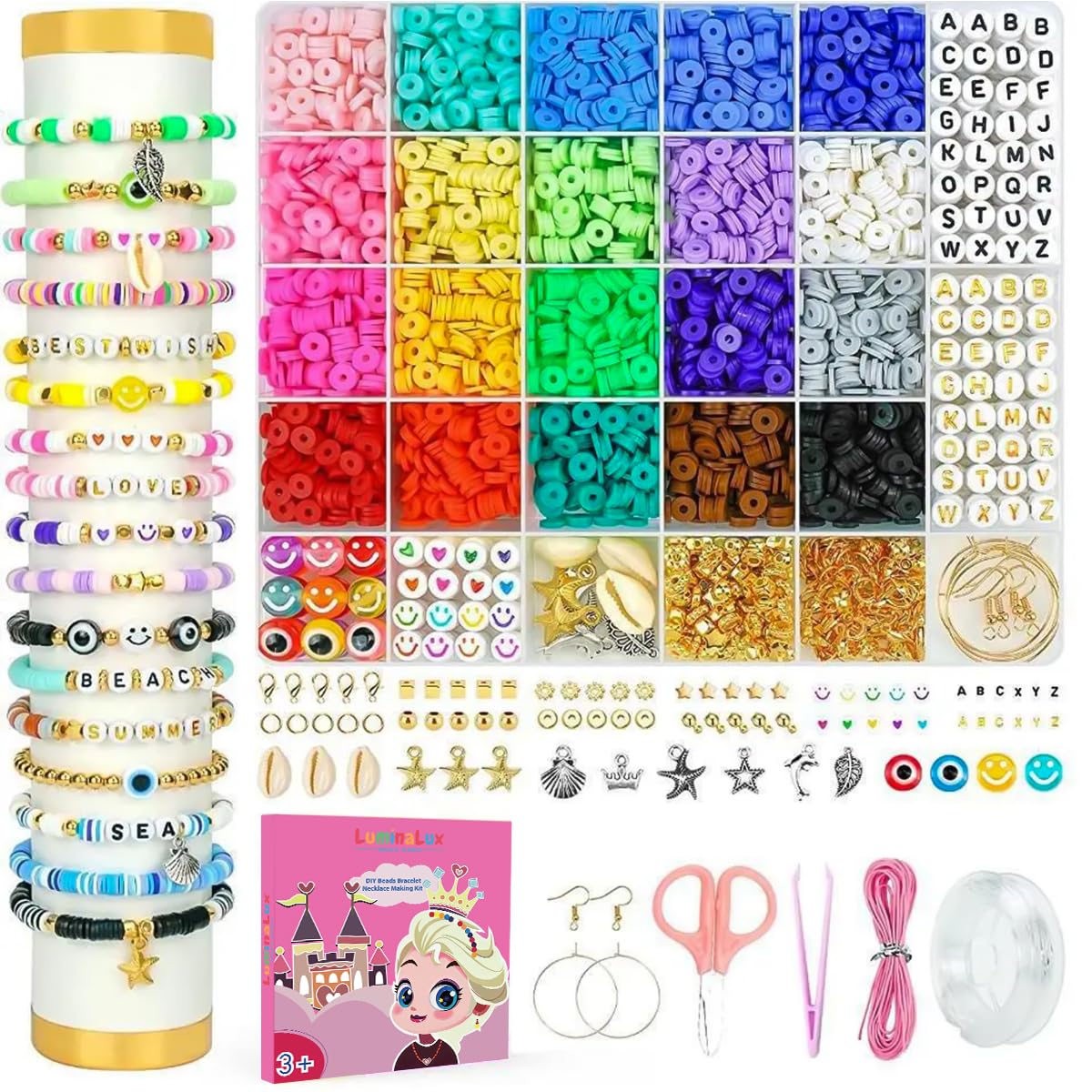 LuminaLux Bracelet Making Kit, Clay Beads, Beads, Jewellery Making Kit, Friendship Bracelet Making Kit, Alphabet Pop Beads, Friendship Bracelet Beads, Necklace Gifts for Girls Teen 20 Colors