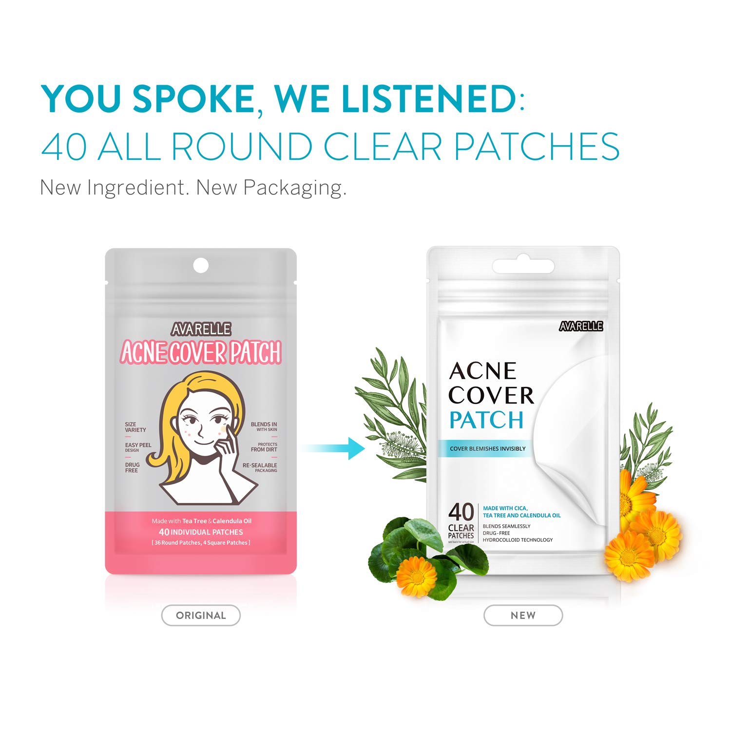 Avarelle Acne Absorbing Cover Patch Hydrocolloid Spot Treatment with Tea Tree Oil, Calendula Oil and Cica, Vegan, Cruelty Free Certified (40 Count): Beauty