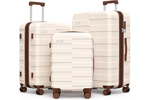 Vipbox Luggage Sets 3 Piece (3-YEARS VIP SERVICE) Hardside Expandable Ultra Durable 100% PC Lightweight Carry On Travel Suitcase Set with TSA Lock Spinner Wheels, White Brown