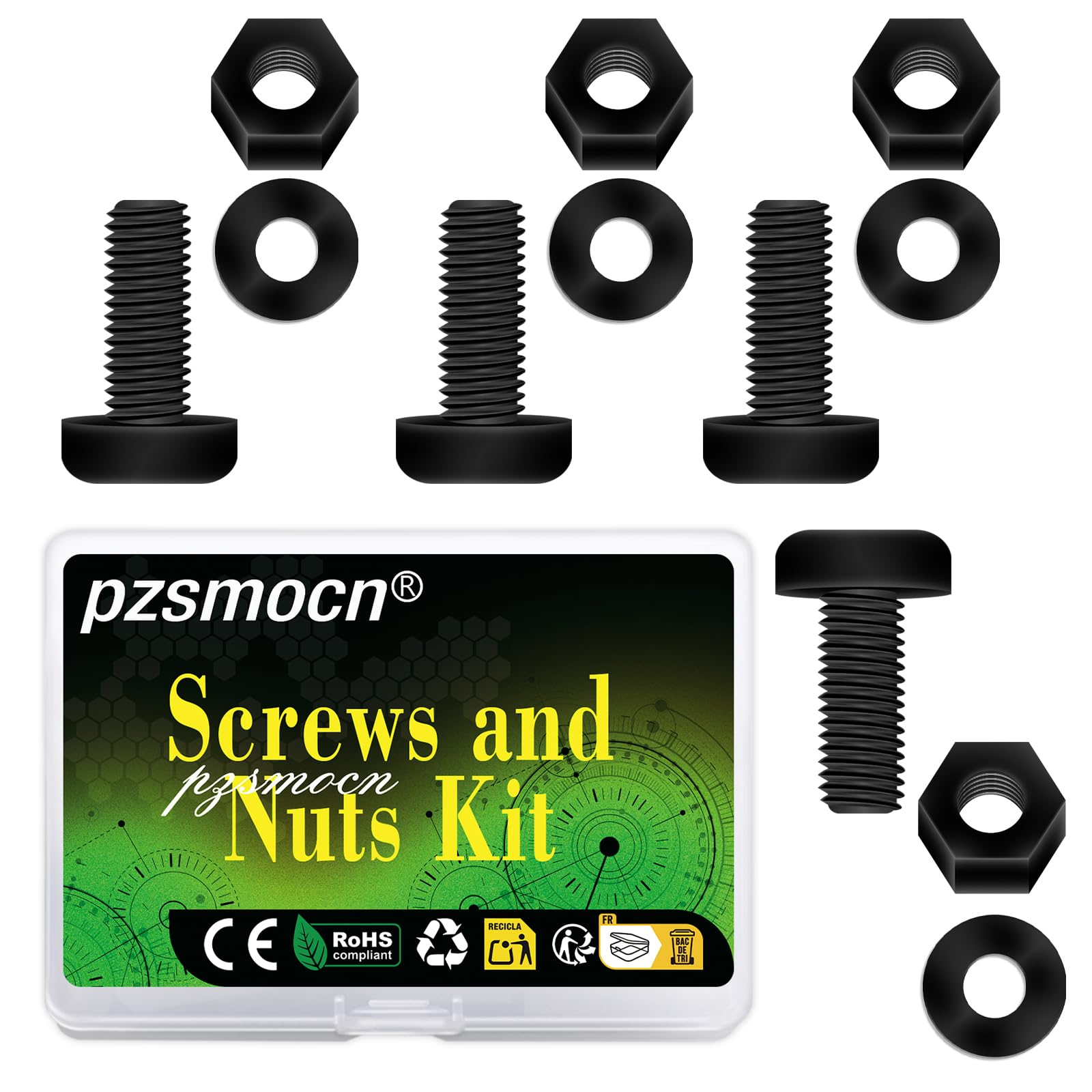 Pzsmocn 300 Pieces/100 Sets M4*12 mm Plastic Black Nylon Cross Round Head Screw Hexagonal Nut Combination Kit, with Insulating Washers, Standard Size, For DIY and Electronic Assembly. — image 1