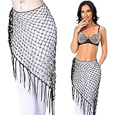 Belly Dance Sequins Hip Scarf with Tassel Dance Hip Wraps Belly dancing Accessories Shining Triangle Crochet Coins (Black Sliver)