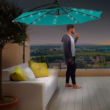 Parasols Garden Outdoors Divine Style Cantilever Parasol Premium Garden Parasol Umbrella With 24 Integrated Solar Powered Led Lights For Outdoor Patio With Free Waterproof Cover Royal Purple