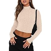 VICHYIE Womens Fall Mock Neck Shirts Cropped Thin Sweater Long Sleeve Soft Fuzzy Pullover Jumper Tops