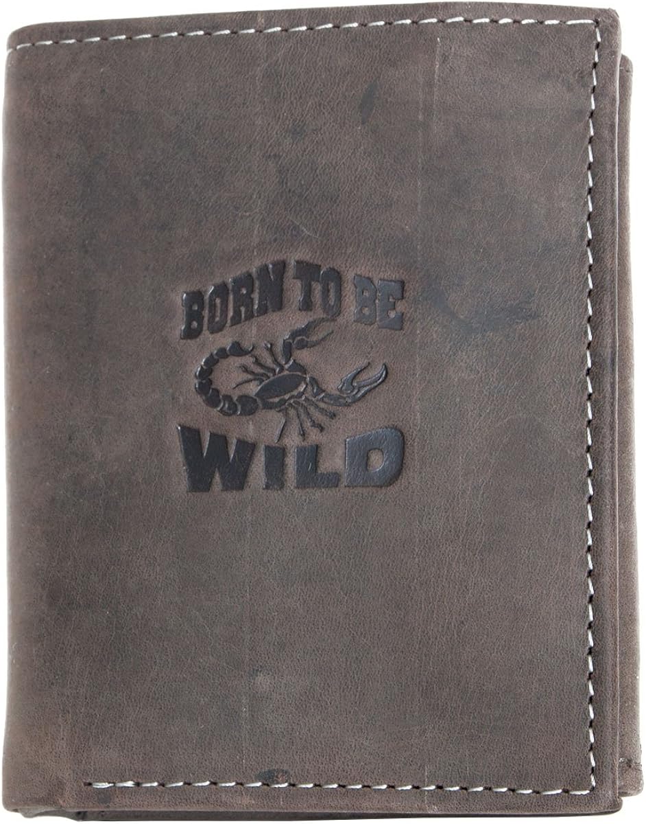 Natural grey-brown genuine leather wallet Born to be wild with a scorpion