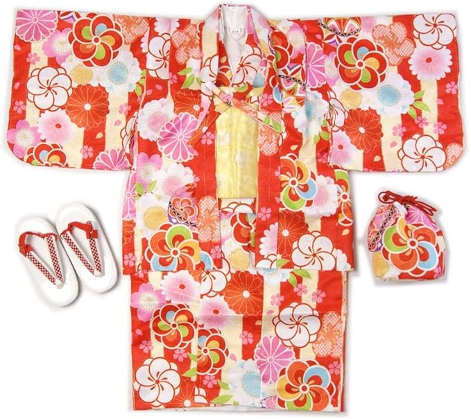 Amazon 子供着物羽織のアンサンブル赤色羽織着物3 4才用 5 6才用洗えるポリエステルの着物 羽織 襦袢 帯 草履 巾着の仕立て上がりフルセットで 3 4歳用 着物 浴衣 通販