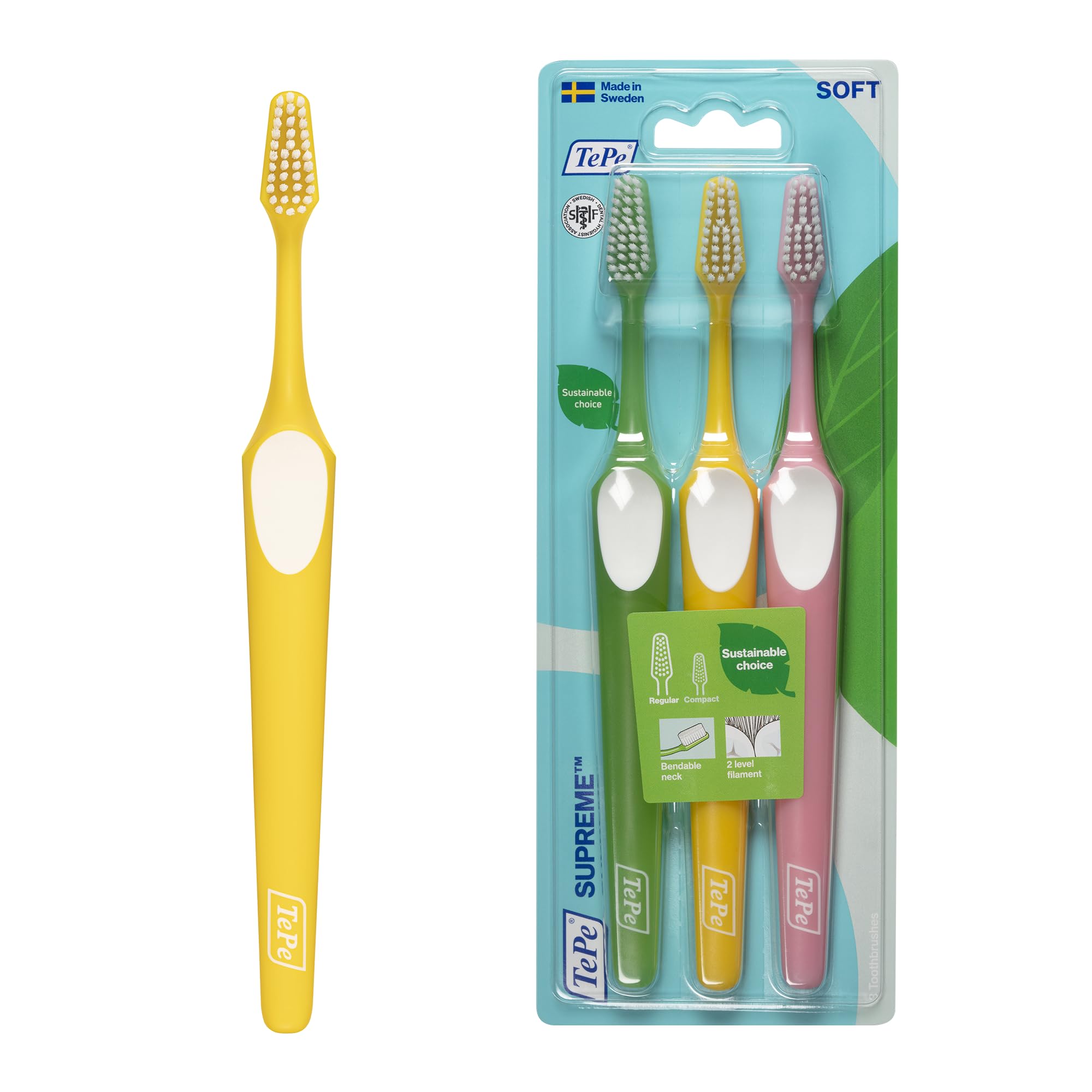 TePe Supreme Toothbrush, Soft, 3pcs, Plaque Remover, efficient Cleaning with Two-Level filaments, Soft Bristle Toothbrush