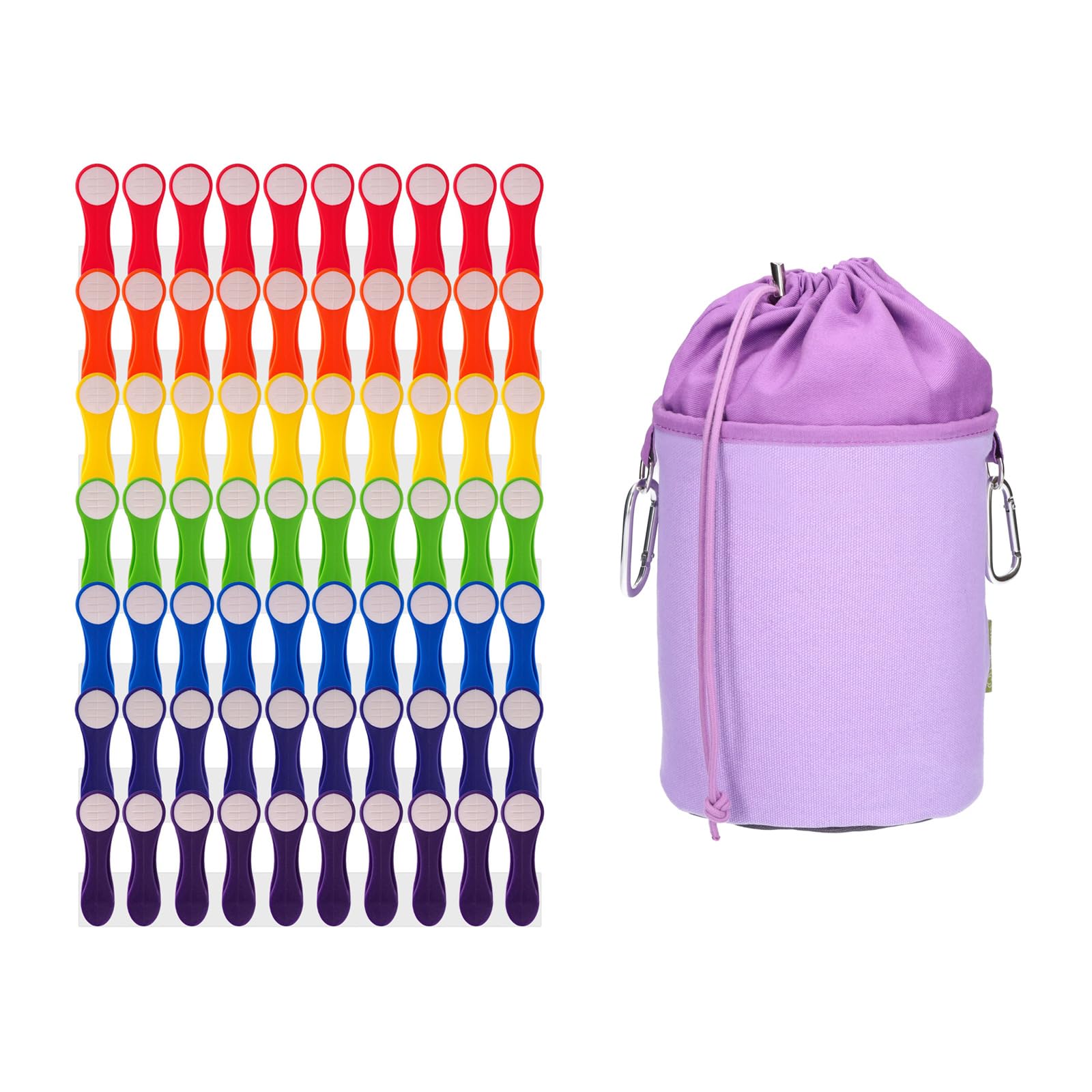trendfinding 70 Rainbow Clothes Pegs Colourful White with Stainless Steel Feathers and Soft Grip 1 Canvas Clothes Peg Bag Purple Grey