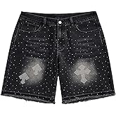 Verdusa Men's Glitter Rhinestone Denim Shorts Frayed Raw Hem Straight Leg Street Jean Shorts
