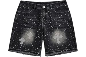 WDIRARA Men's Rhinestone Denim Shorts Frayed Raw Hem Straight Leg Jean Shorts Streetwear