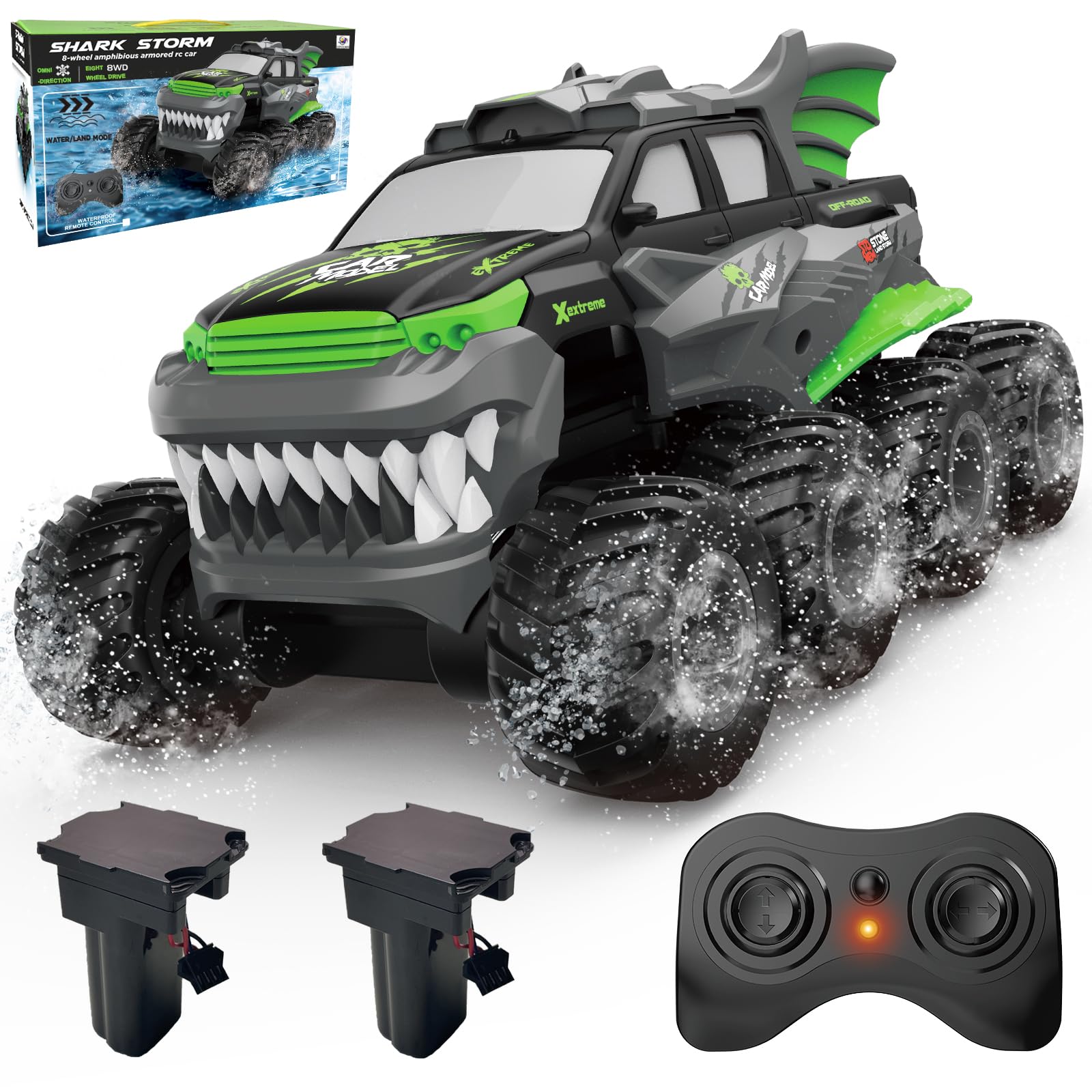 UFULMN Amphibious Remote Control Car 8WD RC Monster Truck with 2 Rechargeable Batteries for Boys Age 8-12 Offroad Waterproof RC Pickup All Terrain RC Drift Cars Beach Pool Toys Gifts for Kids Green