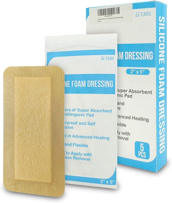 JJ CARE [Pack of 5] Silicone Foam Dressing 2" x 5" Foam