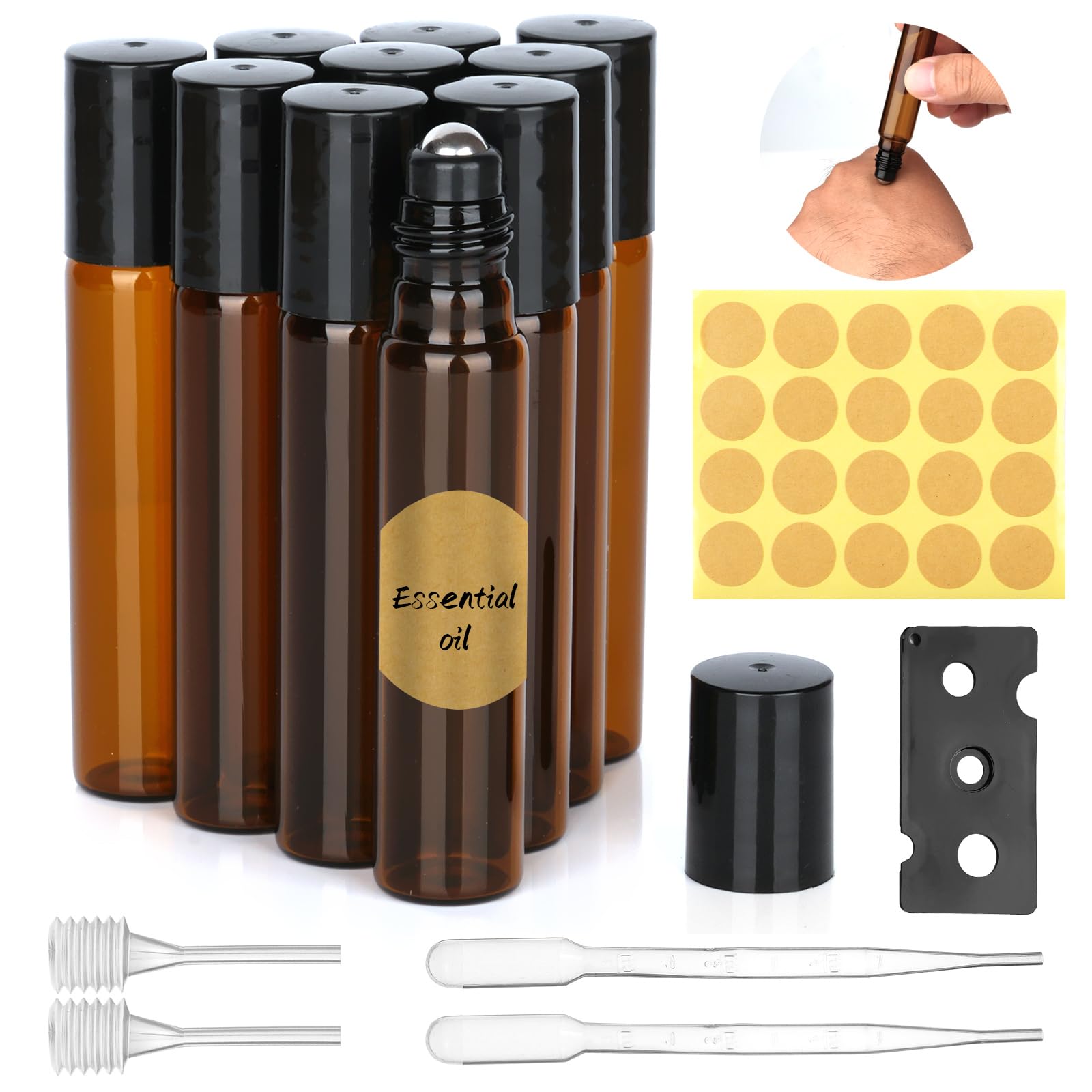 Essential Oil Roller Bottles, 10pc Set with Stainless Ball, 10ml Glass Bottles, Opener, Dropper, Pipette, Labels for Essential Oils & Fragrance - Brown