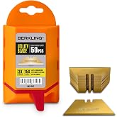 Berkling 50-Pack Titanium Plated Utility Blades, SK2H Steel, 3x Sharper | 15x More Durable &amp; 3x Sharper Than SK5, Full Titanium-Plated, Rust-Proof, Includes Easy-Use Dispenser, Universal T-Shape Fit