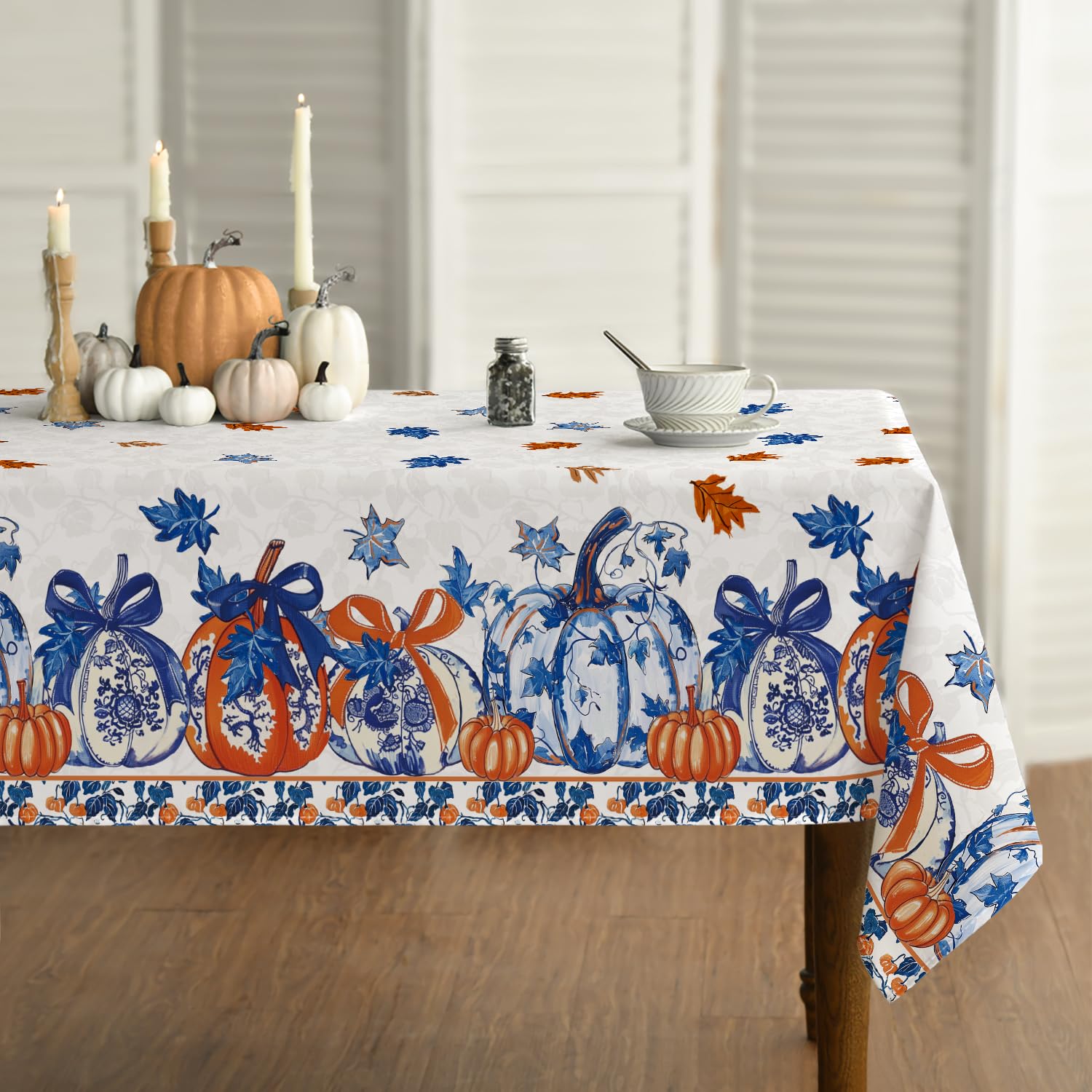 Photo 1 of Horaldaily Fall Tablecloth 60×84 Inch Rectangular, Blue Orange Porcelain Autumn Harvest Pumpkin Washable Seasonal Table Cover for Party Picnic Dinner Decor