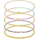 Tyebiva Gold Beaded Stack Bracelets Set for Women, 5Pcs Cute Boho Handmade Colorful Small Beaded Stackable Friendship Stretch Bracelets Prom Jewelry Gift.