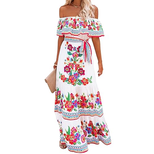 ACOSAP Women's Mexican Dress Summer Floral Print Off The Shoulder  Sleeveless Beach Long Maxi Dress in Kenya | Whizz Casual