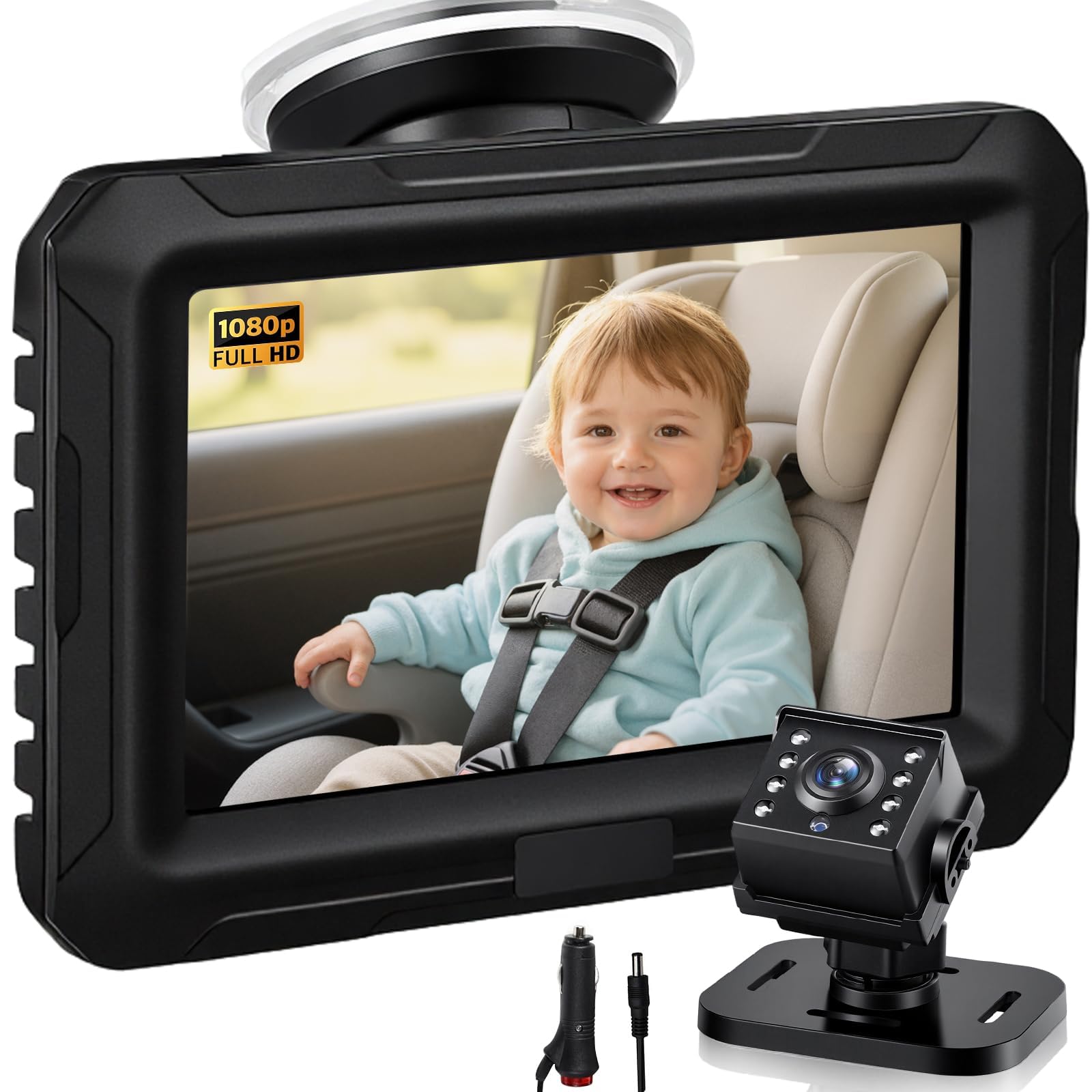 Zacro Baby Car Camera HD 1080P - Baby Car Mirror 4.3'' Display for Rear Seat with Night Vision Function, Wide View Angle, Reusable Sucker Bracket, Black