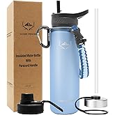 NATURE PIONEOR Insulated Water Bottles with Paracord Handle - 24 oz Vacuum Sports Wide Mouth Water Bottle with 3 Lids, Leak Proof Stainless Steel Keeps Hot and Cold