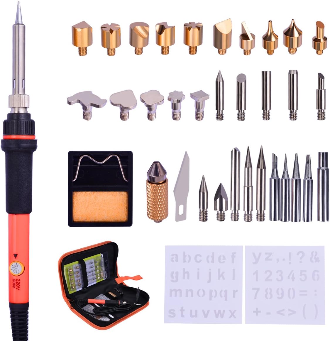 OZUAR 37 PCS Pyrography Pen Set with Carving Embossing Soldering Tips and Stamps, Adjustable Temperature 200-450℃ Embossing Soldering Tips Stencils Hot Knife Stand PU Case
