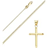 14K Yellow Gold Box Chain Cross Pendant Necklace - Real Yellow Gold Religious Charm Pendant Necklace - Ideal Gift for Men and Women