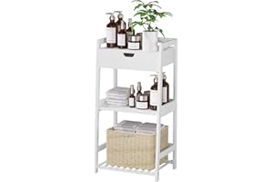 POXAKA Bathroom Shelf, 3 Tier Bamboo Ladder Shelf with Drawers Open Shelving, Bookshelf Nightstand End Table Plant Stand for Living Room, Bedroom, Bathroom