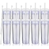 Volhoply 16oz Plastic Skinny Tumbler with Lid and Straw Bulk 10 Pack,Insulated Double Wall BPA Free Matte Acrylic Tumblers,Iced Coffee Travel Reusable Party Cup,Customizable Diy Gifts(Clear,10 Set)