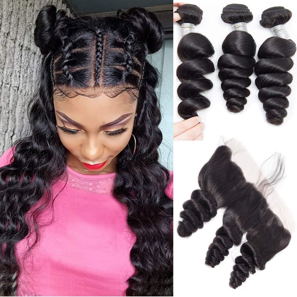 Loose Wave Bundles with 13x4 Ear to Ear Lace Frontal Closure Human Hair 3 Bundles with Lace Frontal Unprocessed Virgin Hair Loose Wave Bundles with Frontal Remy Human Hair Weave with Lace Frontal