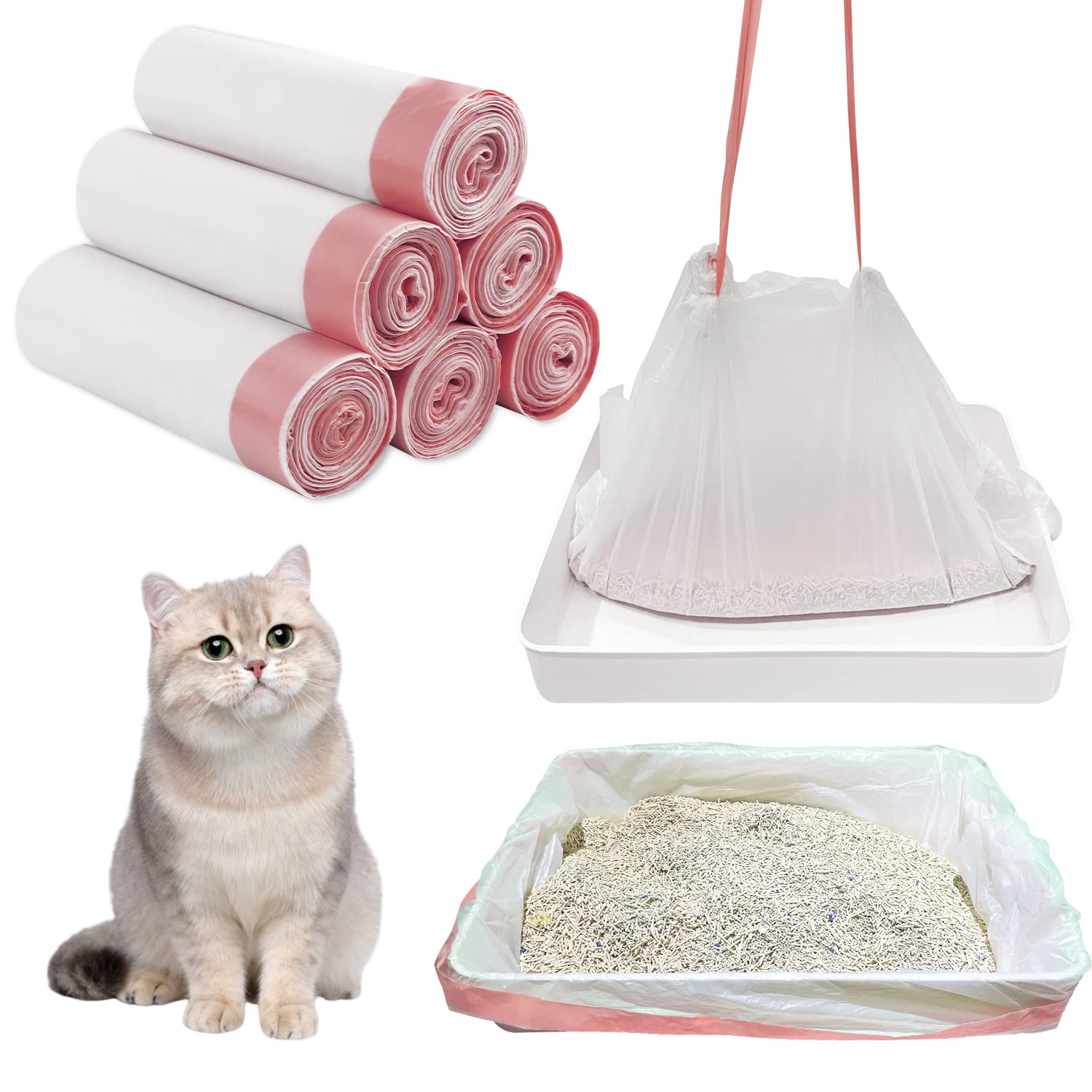 60pcs Cat Litter Box Liners, Large Disposable Cat Litter Tray Liners Drawstring Heavy Duty Liner Bags for Pet Cat Kitty Waste Supplies (36 x 18in)