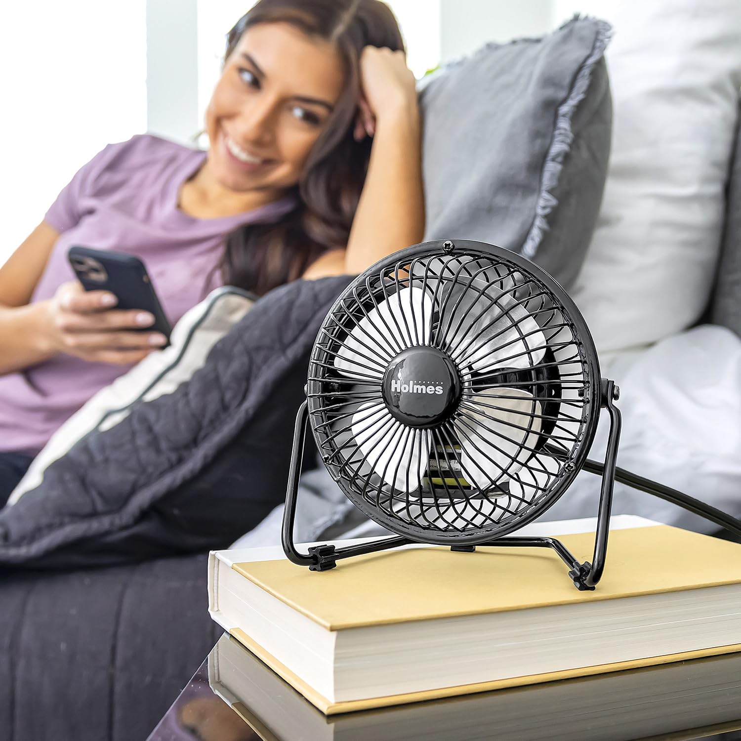 HOLMES 4" Mini High-Velocity Personal Desk Fan, 4 Blades, Adjustable 360° Head Tilt, Durable Metal Construction, Single Speed, Ideal for Home, Dorm Rooms, Bedrooms, or Offices, Black