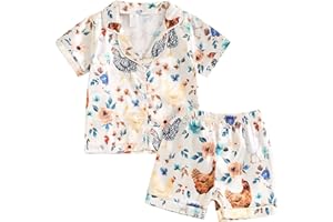 Kavousa Toddler Baby Girls Summer Pajamas Cute Bow Print Short Sleeve Lapel Button Down Shirt Shorts Kids Satin Sleepwear