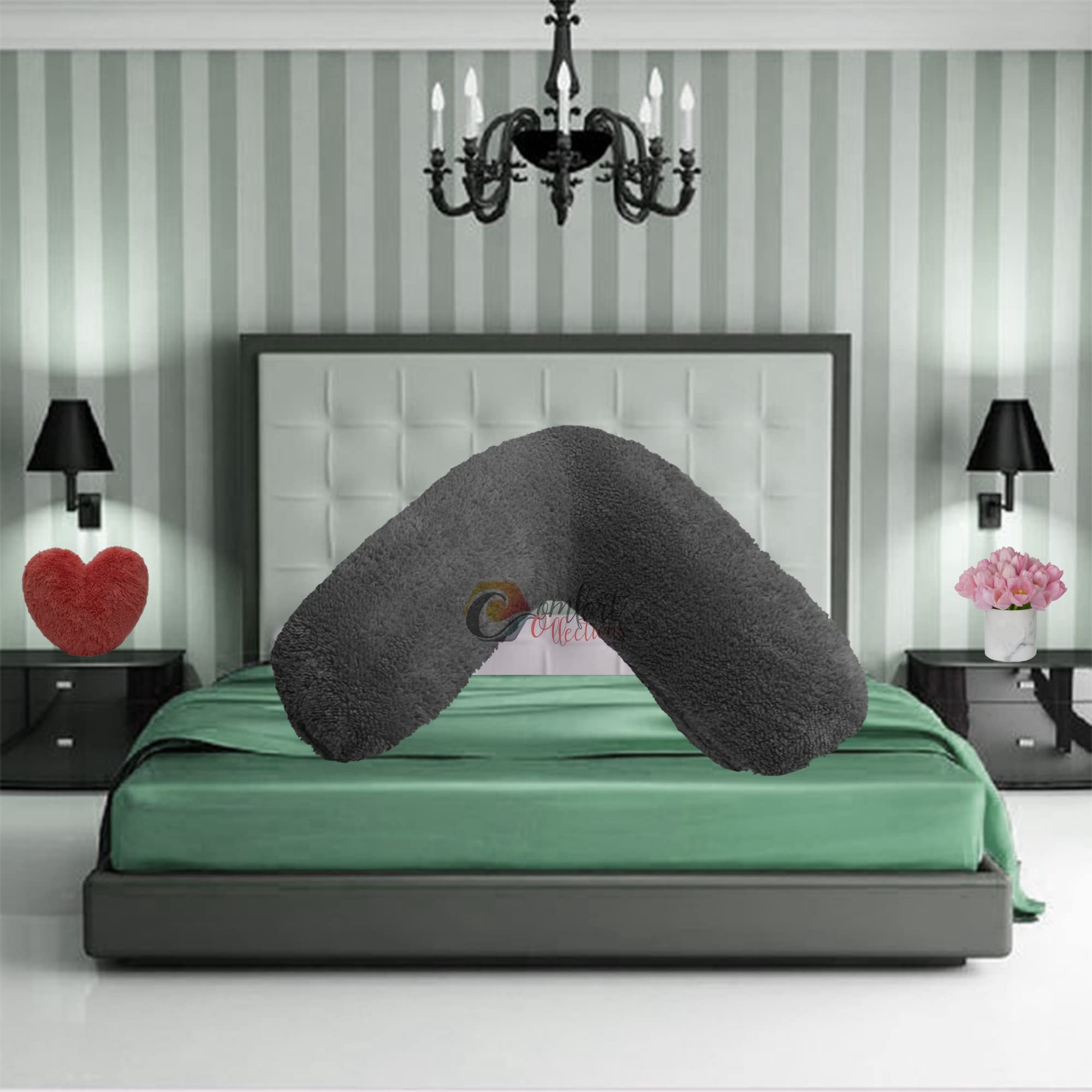 Teddy Fleece V Shaped Orthopaedic Pillowcase Cover Maternity Pregnancy Nursing Super Soft 100% Polyester Pillowcase V Cover Charcoal 30cm x 78cm Approximate