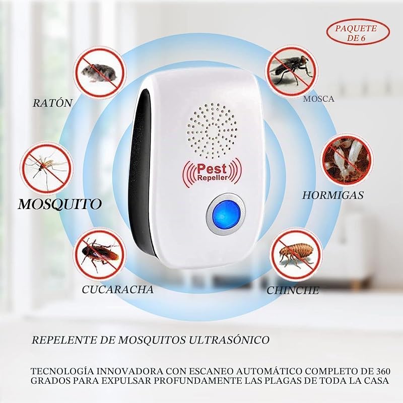 Repelente Ultrasónico de Plagas, 6 Pack Electrónico Repelente Mosquitos Control de Plagas, Repelente Ultrasónico Mosquitos para Interiores, Moscas, Ratones, Cucarachas, Arañas, Roedores