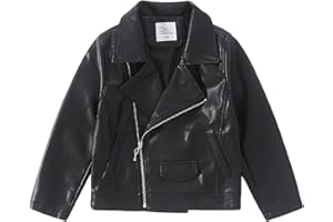 YJBQ Girls Faux Leather Jacket Motorcycle & Bomber Style for Kids 4-12, Windproof Zip Jacket with Pockets
