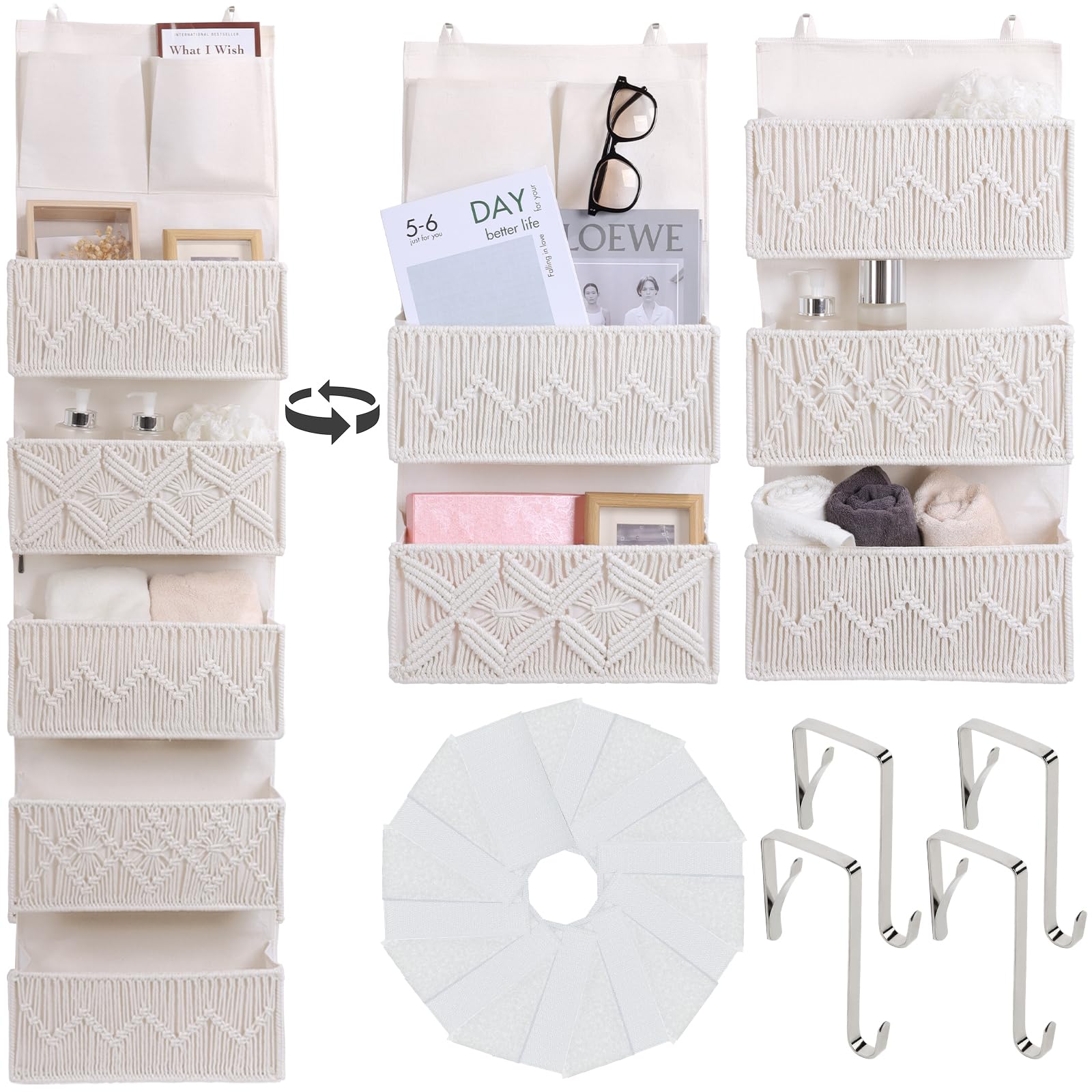 Autumnlife 5-Tier Over Door Storage Organiser, Boho Wall Hanging Storage Swing-proof Door Organiser, Flexible 1 Split into 2 Behind Door Hanging Bag for Baby, Nursery Bathroom, Bedroom, Pantry - Ivory