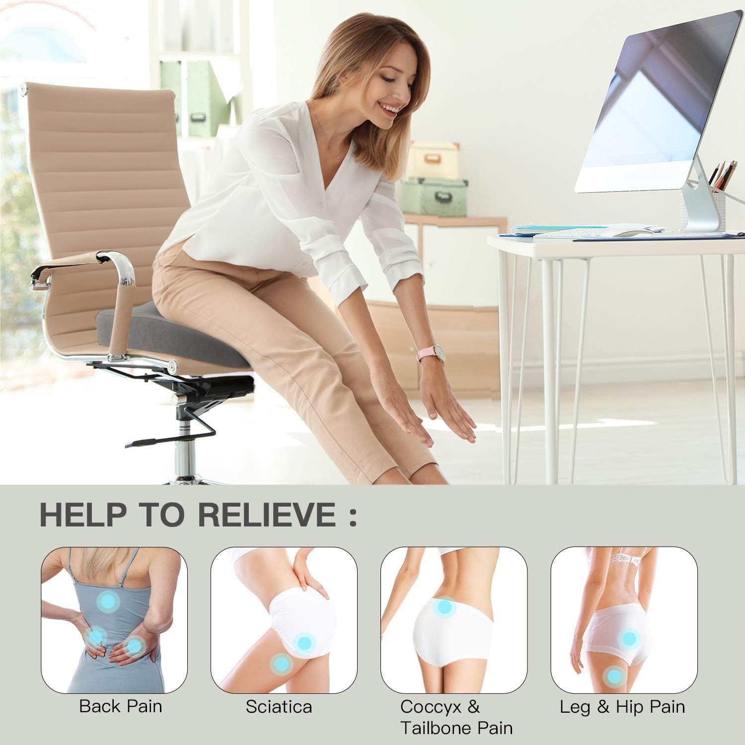 AMERIERGO Seat Cushion, Comfortable Gel-Enhanced Seat Pillow for Office Chair, Car Seat, Non-Slip Desk Chair Cushion with Memory Foam for Sciatica, Coccyx, Tailbone Pain & Back Pain Relief (Grey): Home & Kitchen