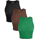OLCHEE Womens 3 Pack Crop Tank Tops Basic Seamless Ribbed Round High Neck Racerback Workout Top Summer Causal Yoga Gym Shirts