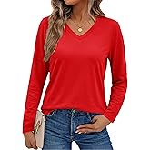 SMENG Women's Long Sleeve Shirts V Neck Cotton Blend T-Shirt Solid Color Breathable Comfy Basic Tee