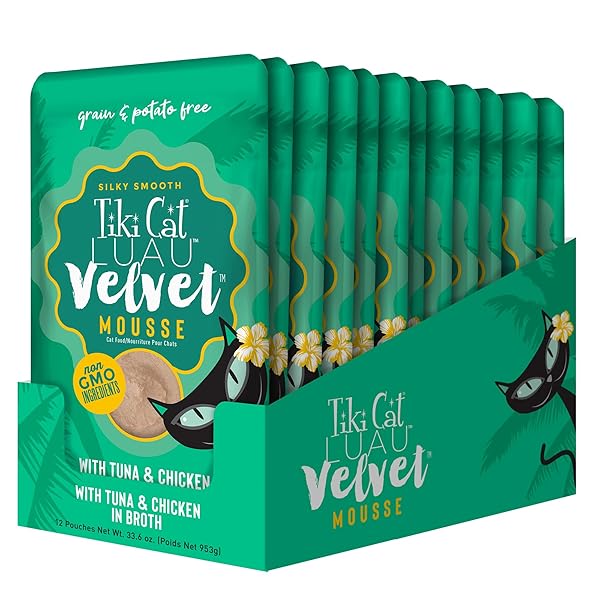 TIKI PETS TIKI CAT VELVET MOUSSE GRAIN-FREE WET FOOD WITH A SILKY-SMOOTH TEXTURE FOR ADULT CATS & KITTENS, 2.8OZ, 12PK, TUNA & CHICKEN, 48005
