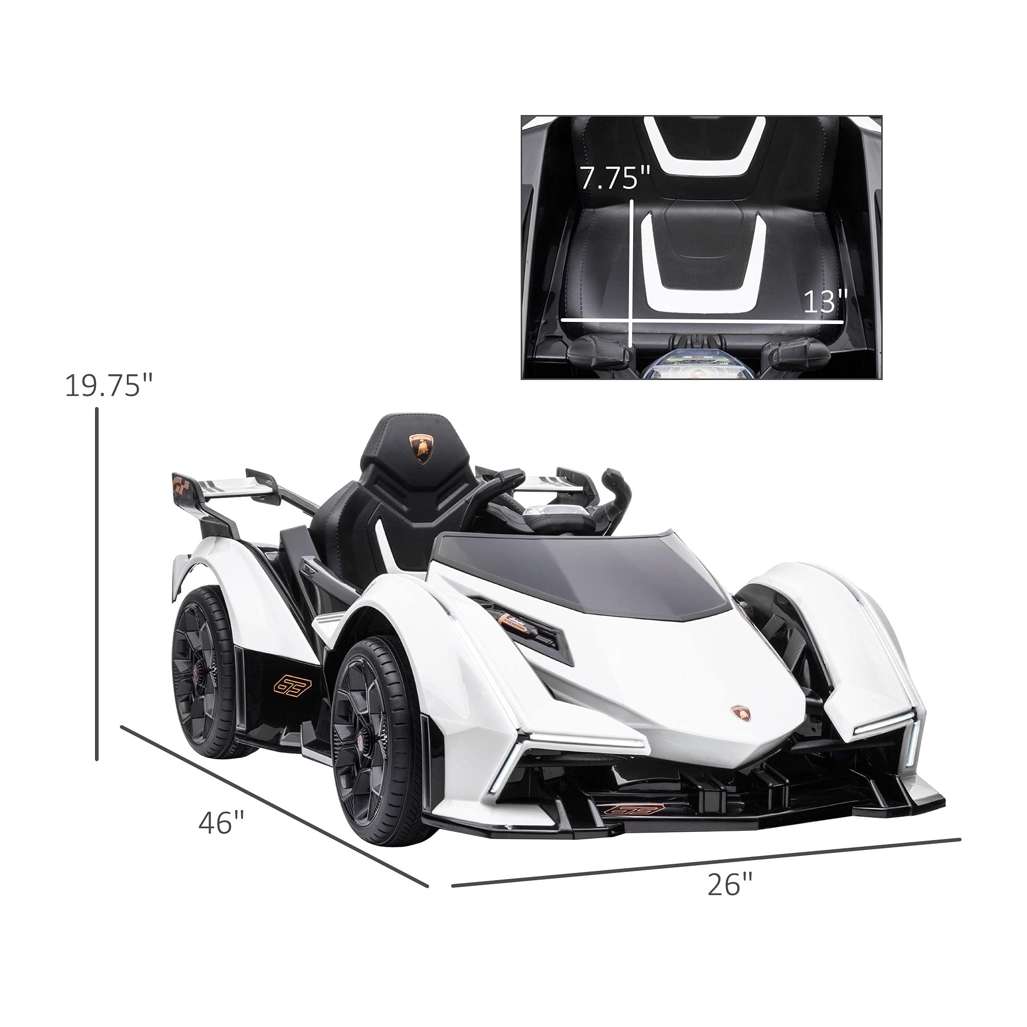 Aosom 12V Electric Ride-on Car, Licensed Lamborghini V12 Vision Gran Turismo Battery-Powered Ride-on Toy with Remote Control, Music, LED Lights, for 3-6 Year Old Boys and Girls, White