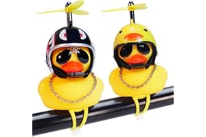 WONUU Rubber Duck Car Ornaments, 2Pcs Yellow Duck Car Dashboard Decorations Squeeze Duck Bicycle Horns with Propeller Helmet
