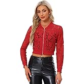 Allegra K Women's Crop Jacket Stand Collar Zip Up Sexy Sheer Gothic Lace Lightweight Baseball Jacket