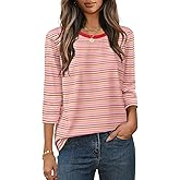 MEROKEETY Women's 2025 Casual 3/4 Sleeve Tops Blouse Crewneck Colorful Striped Fall Loose Shirt