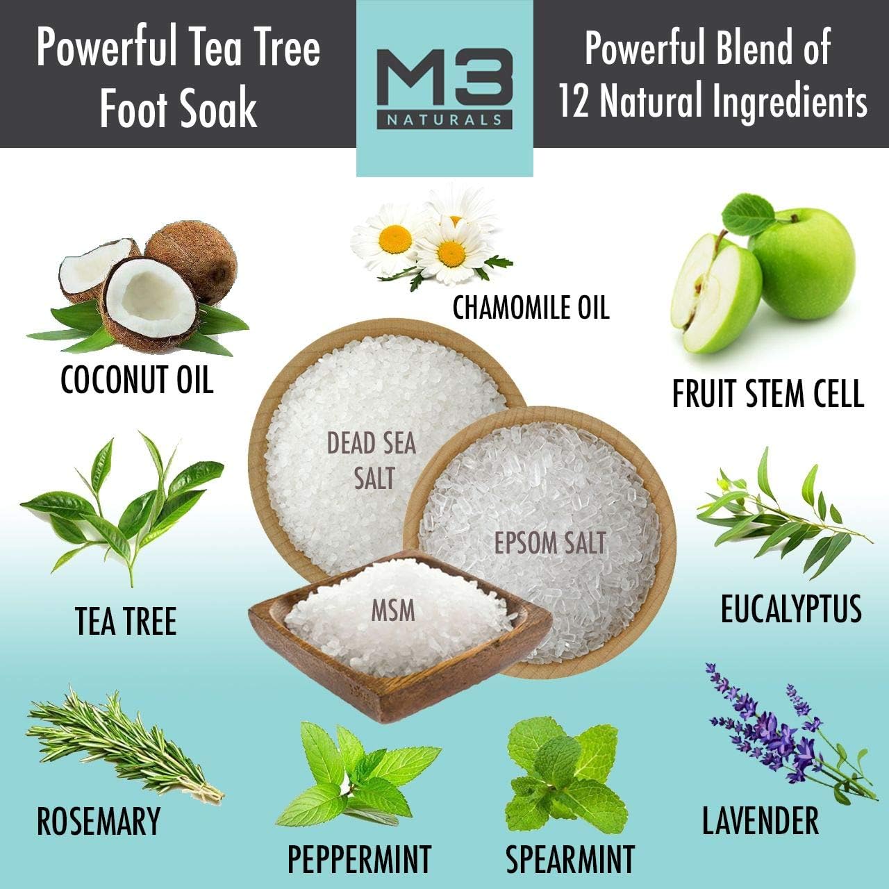 M3 Naturals Tea Tree Oil Foot Soak Infused with Stem Cell and Coconut Oil Epsom Salt for Athletes Foot Stubborn Odor Calluses Sore Feet Toenail Fungus Cracked Heel Bath Spa 16 oz: Health & Personal Care
