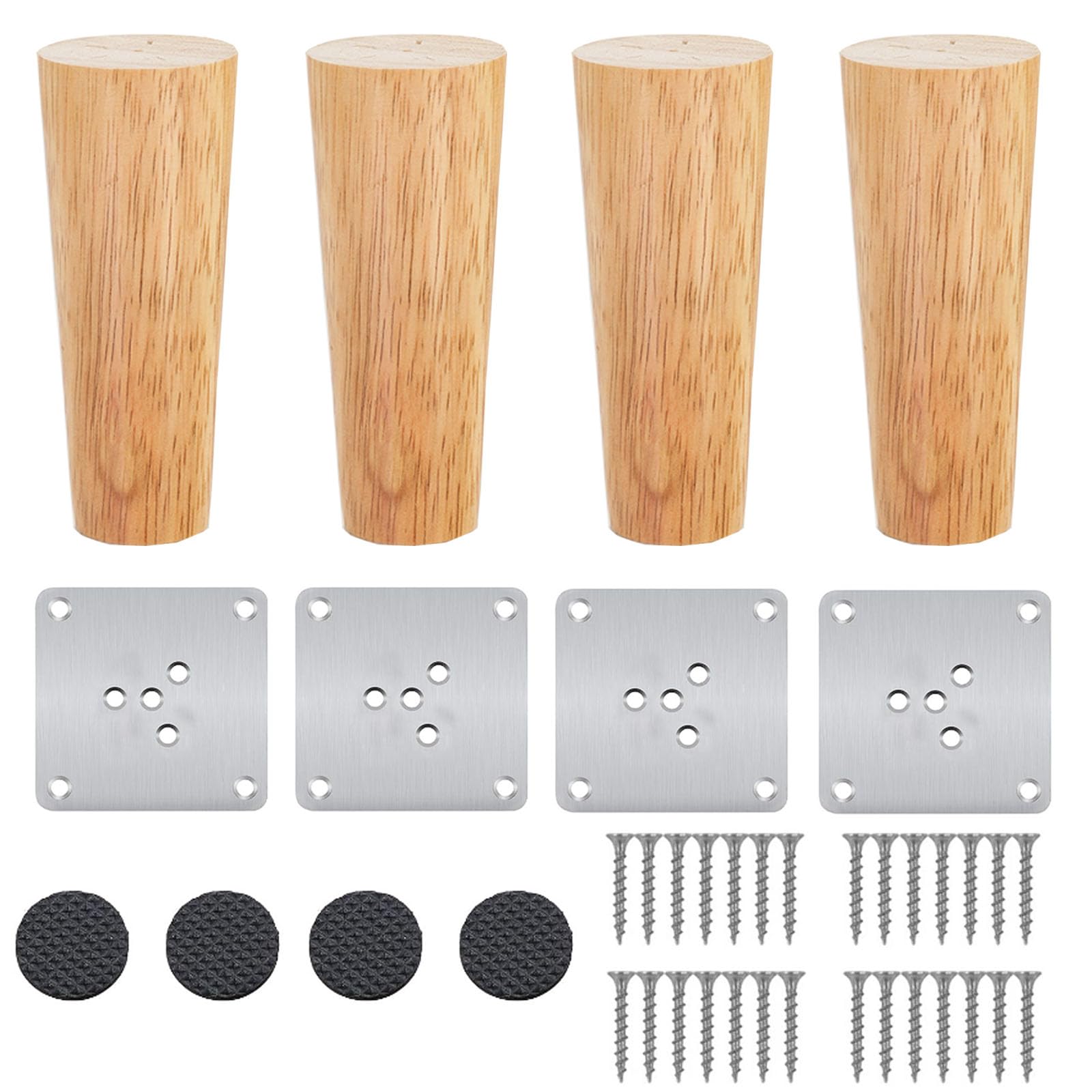 15 cm Wooden Table Legs, Pack of 4 Solid Wood Conical Replacement Sofa Feet, Furniture Feet, Base Feet, Table Foot, Made of Oak, Furniture Legs with Mounting Plates & Screws for Chairs and Sofa, Bed,