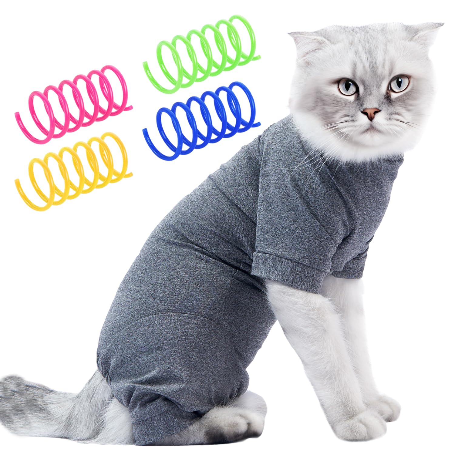 1 Piece Cat Recovery Suit With 4 Spring Toys, Soft Breathable Cat Clothes, Wound Protection Vest, Pet Pajamas (Grey)