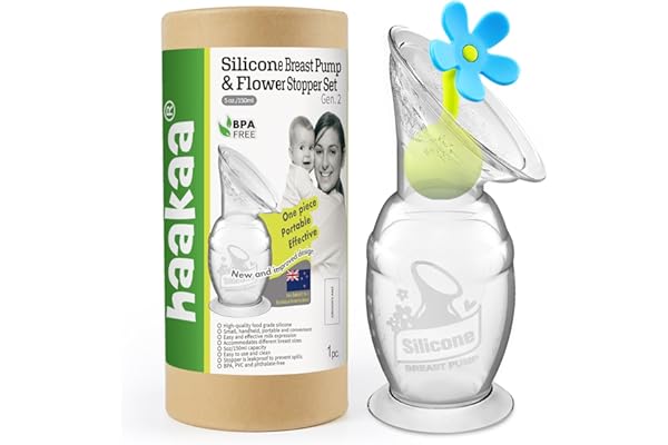haakaa Manual Breast Pump with Suction Base and Flower Stopper Set for Breastfeeding(5oz/150ml)(Blue)