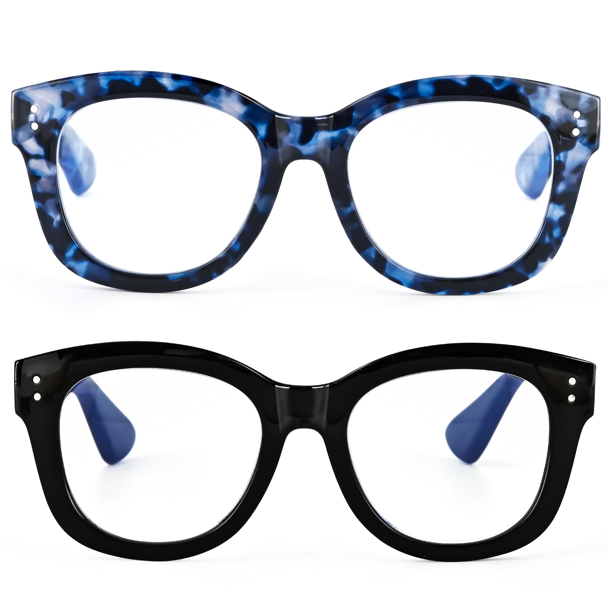 EYEGUARD 2 Pack Oversized Reading Glasses for Women, Retro Blue Light Blocking Readers with Spring Hinges, black/blue +1.50 diopter