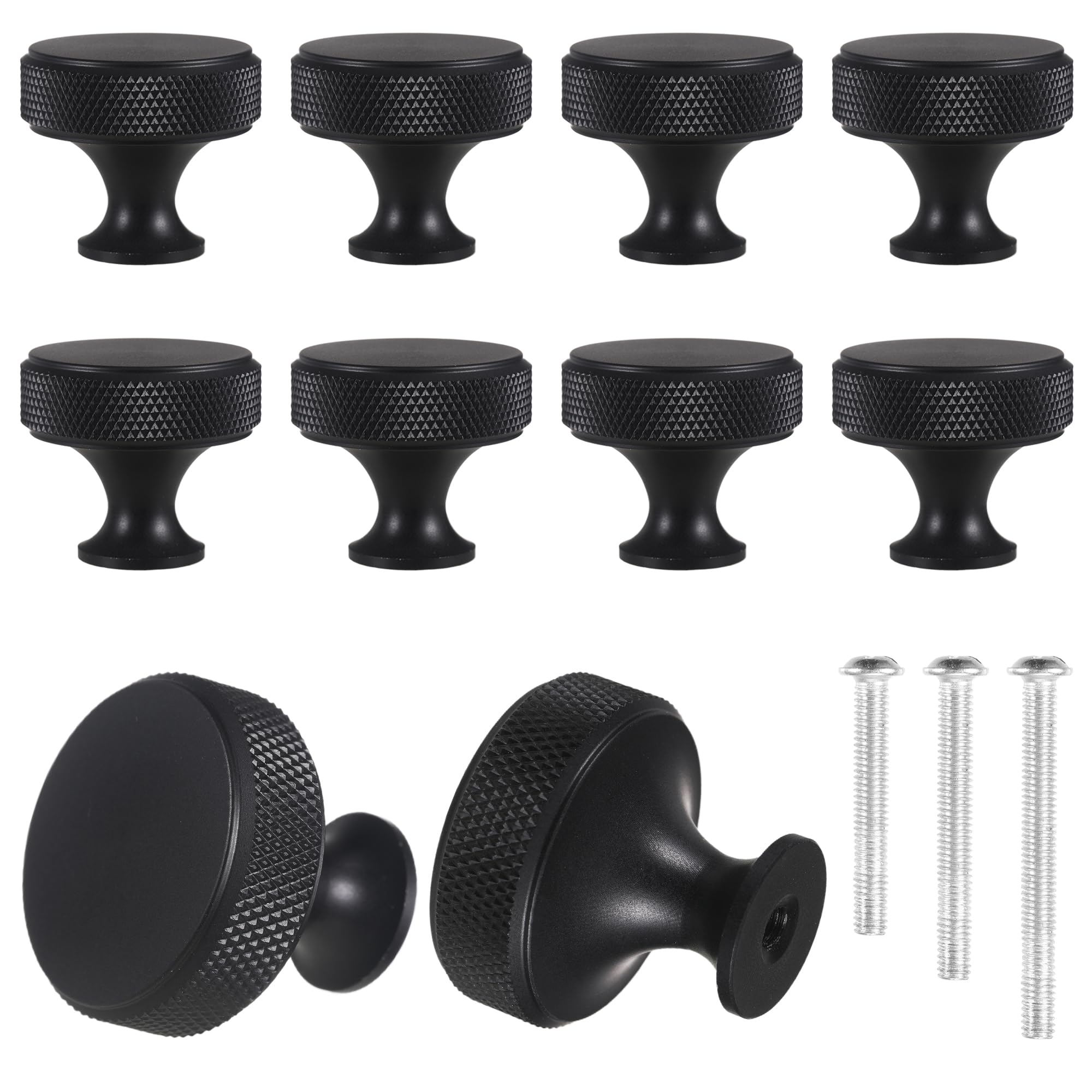 worahroe 10 Pcs Cabinet Knobs Black Matte Metal Round Knurled Wardrobe Knobs, Aluminum Alloy Kitchen Hardware Cupboard Knobs with 3 Size Screws Handles for Drawer Dresser and Wardrobe — image 1