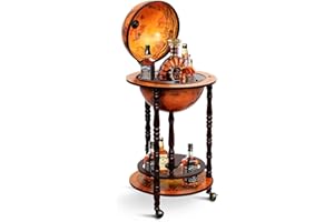 HAPPYGRILL Wine Bar Stand Italian Wooden Globe Wine Rack Liquor Bottle Shelf 16th Century Retro Wine Cupboard with Wheels